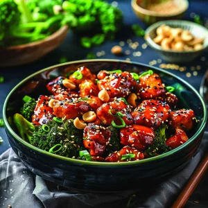 STICKY SPICY SESAME CHICKEN THIGHS WITH CASHEW WATER CHESTNUT BROCCOLI